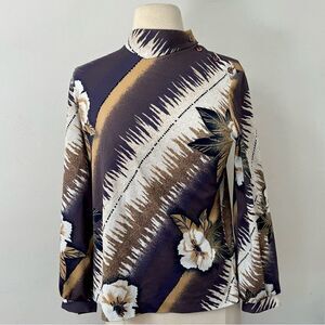 Vintage 1970s Mock Side Button Neck Tropical Hawaiian Blouse